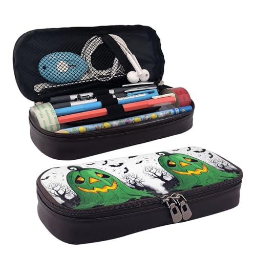 Grüner Geist Horror Halloween Kürbis Druck Leder Klappe Kosmetiktasche Reißverschluss Aufbewahrungstasche Leder Klappe Schreibwaren Tasche Schwarz Einheitsgröße, Schwarz , Einheitsgröße von BREAUX
