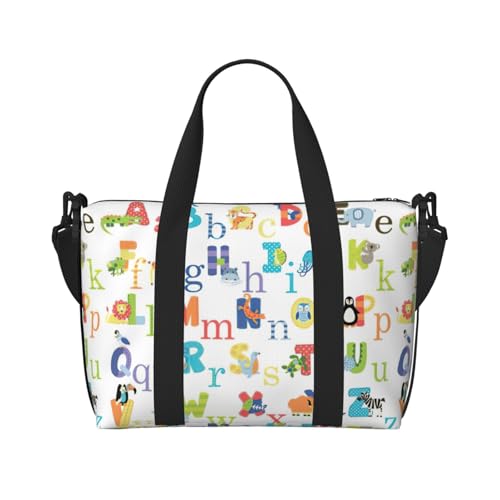 Handtasche mit buntem Tier-Alphabet-Druck, Umhängetasche, für Reisen, Wochenende, Übernachtung, Sporttasche, Turnbeutel, Schwarz, Einheitsgröße, Schwarz , Einheitsgröße von BREAUX