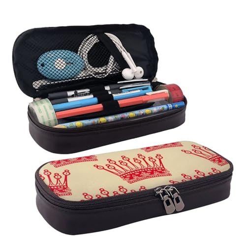 Kosmetiktasche aus Leder mit roter Krone, Kosmetiktasche, Aufbewahrungstasche mit Reißverschluss, Lederklappe, Schreibwaren-Tasche, Schwarz, Einheitsgröße, Schwarz , Einheitsgröße von BREAUX