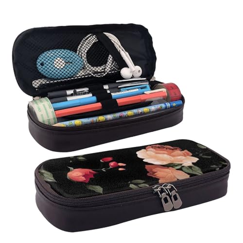 Kosmetiktasche aus Leder mit schönem Blumendruck, Kosmetiktasche, Aufbewahrungstasche mit Reißverschluss, Lederklappe, Schreibwaren-Tasche, Schwarz, Einheitsgröße, Schwarz , Einheitsgröße von BREAUX