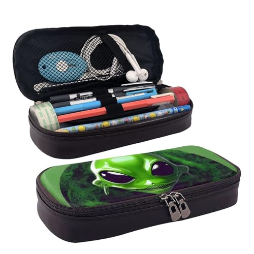 Kosmetiktasche mit Alien-Druck, Leder, Kosmetiktasche, Aufbewahrungstasche mit Reißverschluss, Lederklappe, Schreibwaren-Tasche, Schwarz, Einheitsgröße, Schwarz , Einheitsgröße von BREAUX