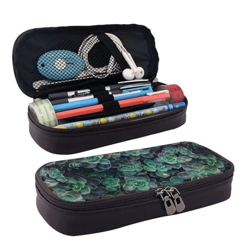 Kosmetiktasche mit Sukkulenten-Aufdruck, Lederklappe, Kosmetiktasche, Aufbewahrungstasche mit Reißverschluss, Lederklappe, Schreibwaren-Tasche, Schwarz, Einheitsgröße, Schwarz , Einheitsgröße von BREAUX