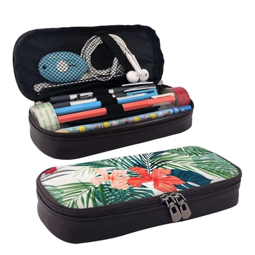 Kosmetiktasche mit Vegetationsblättern und Hibiskusblumen-Druck, Lederklappe, Kosmetiktasche, Aufbewahrungstasche mit Reißverschluss, Lederklappe, Schreibwaren-Tasche, Schwarz, Einheitsgröße, Schwarz von BREAUX