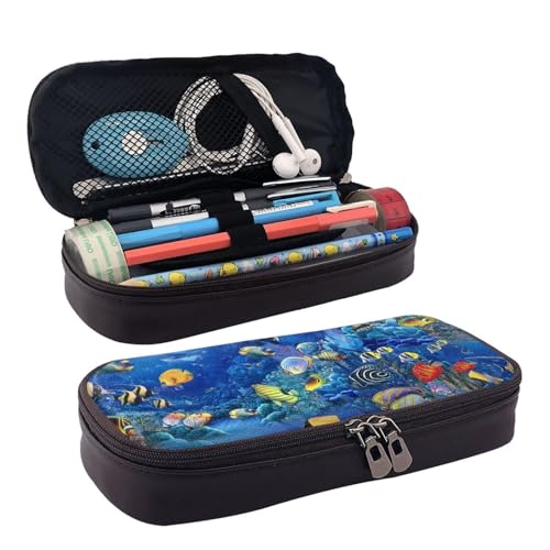 Kosmetiktasche mit tropischen Fischen, Lederklappe, Kosmetiktasche, Aufbewahrungstasche mit Reißverschluss, Lederklappe, Schreibwaren-Tasche, Schwarz, Einheitsgröße, Schwarz , Einheitsgröße von BREAUX