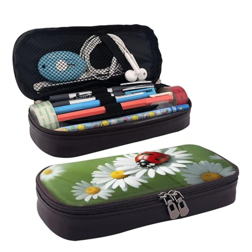 Ladybug On Daisy Flower Print Leder Klappe Kosmetiktasche Reißverschluss Aufbewahrungstasche Lederklappe Schreibwaren Tasche Schwarz Einheitsgröße, Schwarz , Einheitsgröße von BREAUX