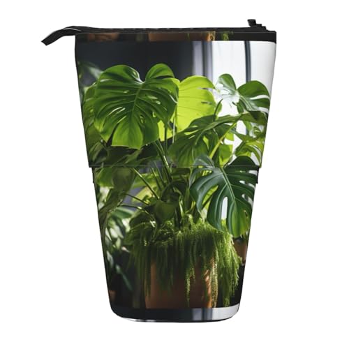 Monstera Deliciosa Teleskop-Federmäppchen mit Bananen-Palmendruck, passend für multifunktionale Bleistift-Make-up-Tasche, Aufbewahrungstasche und Geldbörse, Schwarz, One Size, Modisch von BREAUX