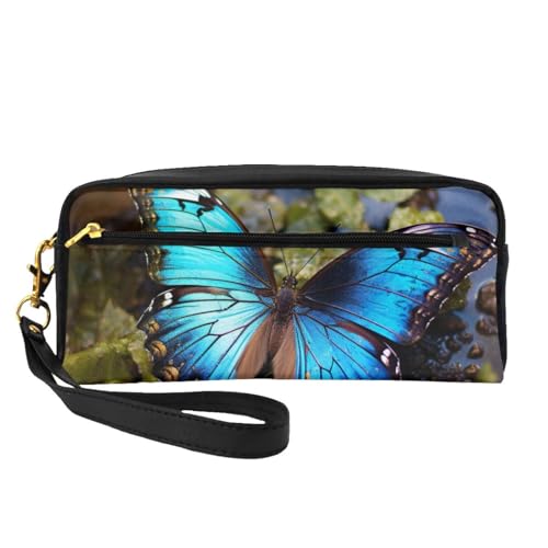 Schöne blaue Schmetterling Leder Tragbare Kosmetiktasche Reise Kosmetiktasche Tägliche Aufbewahrungstasche für Männer und Frauen Schwarz Einheitsgröße, Schwarz, One Size von BREAUX