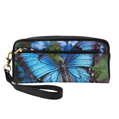 Schöne blaue Schmetterling Leder tragbare Kosmetiktasche Reise-Kosmetiktasche tägliche Aufbewahrungstasche für Männer und Frauen, Schwarz, Einheitsgröße von BREAUX