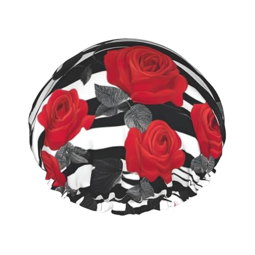 Schwarz-weiße Streifen rote Rose Blumen Druck Damen Duschhaube Wiederverwendbare elastische Duschhaube Doppellagige Haarkappe Duschhaube von BREAUX