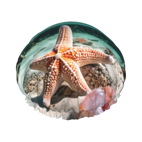 Seestern und Koralle am Strand Druck Damen Duschhaube Wiederverwendbare elastische Duschhaube Doppellagige Haarkappe Duschhaube von BREAUX