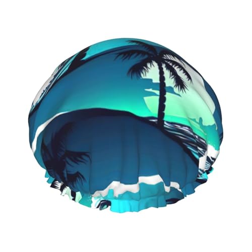 Skateboard mit Palmen Wellendruck Damen Duschhaube Wiederverwendbare elastische Duschhaube Doppellagige Haarkappe Duschhaube von BREAUX