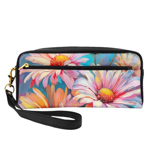 Sommer Blumen Gänseblümchen Blume Leder Tragbare Kosmetiktasche Reise Kosmetiktasche Tägliche Aufbewahrungstasche für Männer und Frauen Schwarz Einheitsgröße, Schwarz, One Size von BREAUX