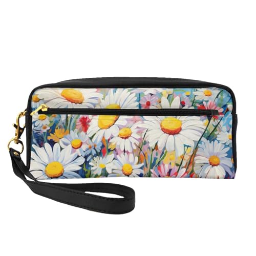 Sommer Blumen Gänseblümchen Blume Leder Tragbare Kosmetiktasche Reise Kosmetiktasche Tägliche Aufbewahrungstasche für Männer und Frauen Schwarz Einheitsgröße, Schwarz, One Size von BREAUX