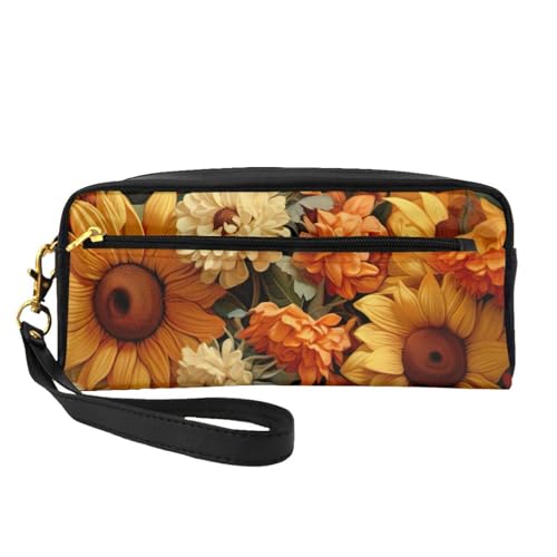 Spring Sunflowers Retro Blumen Leder Tragbare Kosmetiktasche Reise Kosmetiktasche Tägliche Aufbewahrungstasche für Männer und Frauen, Schwarz, Einheitsgröße von BREAUX