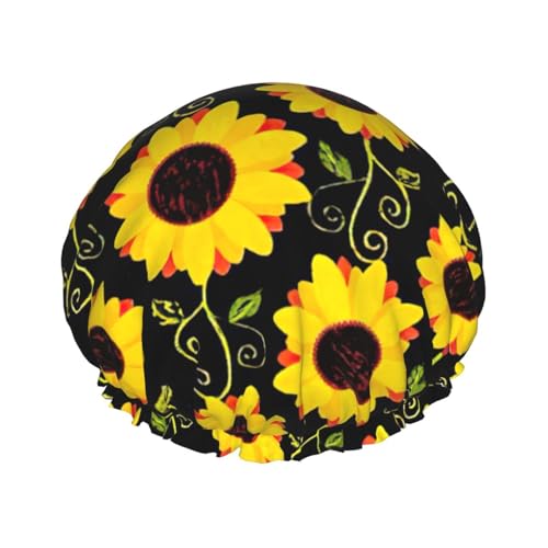 Stilvolle Damen-Duschhaube mit Sonnenblumendruck, wiederverwendbar, elastisch, doppellagig, Haarkappe, Duschhaube von BREAUX