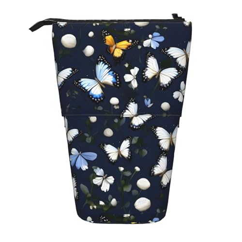 Teleskop-Federmäppchen, Motiv: weiße Blüten mit blauen Schmetterlingen, geeignet für multifunktionale Bleistifte, Make-up-Tasche, Aufbewahrungstasche und Geldbörse, Schwarz, One Size, Modisch von BREAUX