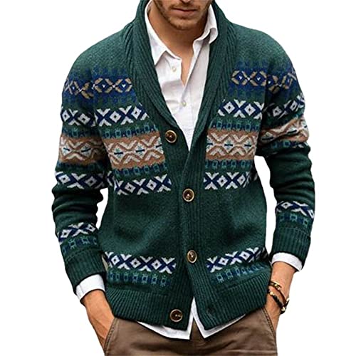 BREEWO Strickjacke Herren Lose Mode Revers Gestrickter Jacke Herren Winter Jacquard Sweater Jacke Herren Komfortabel All-Match Langarm Jacke Herren A-Green L von BREEWO