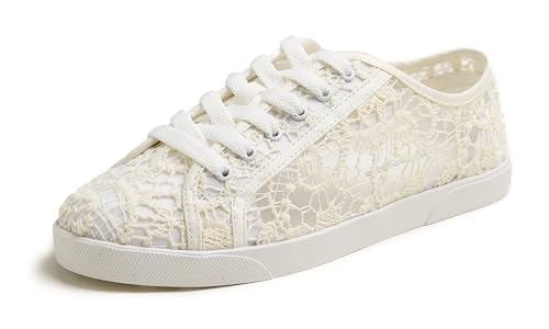 BREEZE NOUTHERLY Damen Klassische Ballerinas Profilsohle Glänzende Paillette Flach，Elfenbeinfarbene gehäkelte Plimsolls zum Schnüren 40 von BREEZE NOUTHERLY