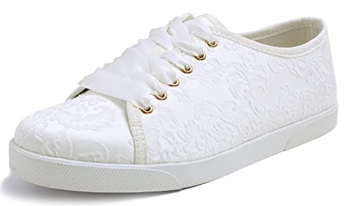 BREEZE NOUTHERLY Damen Klassische Ballerinas Profilsohle Glänzende Paillette Flach，Weiße Jacquard All Laceup Plimsolls 37 von BREEZE NOUTHERLY