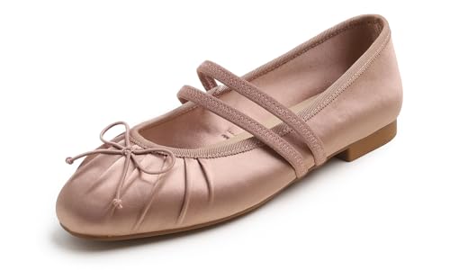 BREEZE NOUTHERLY Square Toe Wrinkle Mary Jane Halbschuhe,Flache Freizeittanzschuhe Quadratische Zehe Fältchen Mary Jane Rosabraun Satin EU 38 von BREEZE NOUTHERLY