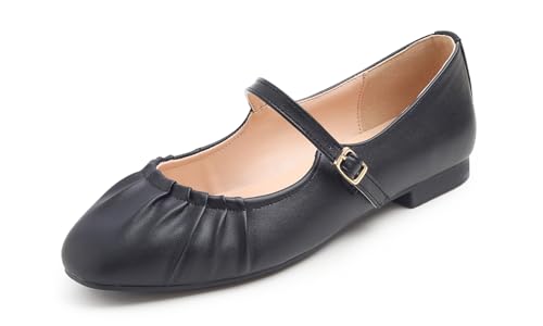 BREEZE NOUTHERLY Square Toe Wrinkle Mary Jane Halbschuhe,Flache Freizeittanzschuhe Quadratische Zehe Fältchen Mary Jane Schwarz Veganes Leder EU 38 von BREEZE NOUTHERLY
