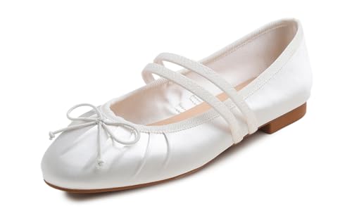 BREEZE NOUTHERLY Square Toe Wrinkle Mary Jane Halbschuhe,Flache Freizeittanzschuhe Quadratische Zehe Fältchen Mary Jane Weiß Satin EU 37.5 von BREEZE NOUTHERLY