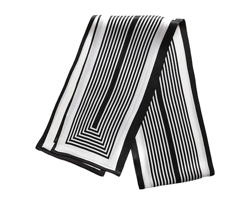 BREEZE NOUTHERLY Women's 100% Silk Scarf,Seidenschal Damen 100% Seide, Bunte Luxuriöse Schals, Schwarz Weiß Retroflex Streifen-17X150 von BREEZE NOUTHERLY