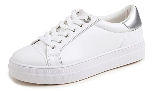 BREEZE NOUTHERLY Women's Featured PU Leather Lace-Up Sneaker,Damen Sneaker Atmungsaktiv Turnschuhe Leicht Laufschuhe Sportschuhe Freizeitschuhe Lässiges Diamant Öse Silber 39 von BREEZE NOUTHERLY