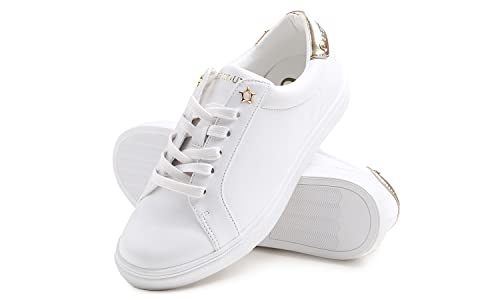 BREEZE NOUTHERLY Women's Featured PU Leather Lace-Up Sneaker,Damen Sneaker Atmungsaktiv Turnschuhe Leicht Laufschuhe Sportschuhe Freizeitschuhe Lässiges Stern Öse Gold 40 von BREEZE NOUTHERLY