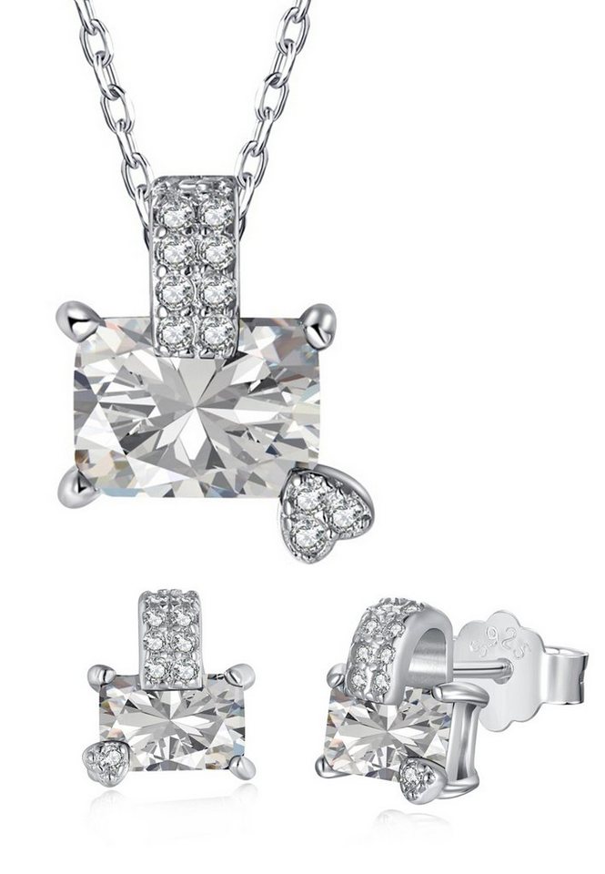 BRELLATO Kette und Anhänger Set Schmuckset Zarte Damen Herz Halskette Ohrstecker, Geschenk-Idee (Damen-Schmuck Kette mit Facetten-Schliff Zirkon und Pave Kristallen Herzen, 3-tlg., inkl. Ohrringe, Schmuckbox, zum Muttertag, Valentinstag, Geschenk-Set), Kristall-Collier Sterling Silber 925 18K Weißgold Rhodiniert, Zirkonia von BRELLATO