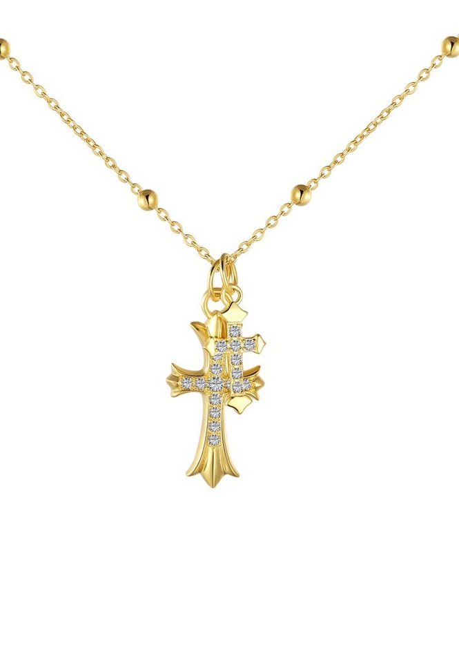 BRELLATO Kreuzkette Damen Halskette Kreuz-Anhänger, Gotik Symbol Kristall-Kreuze (Set Kugelkette mit 2 Kreuzen und Geschenk-Box-Verpackung, 3-tlg., Silber-Kette Kreuz-Collier, Geschenk Ostern Kommunion Firmung), Kreuz-Kette, Sterling Silber 925 18K Gelbgold, 5-A Zirconia von BRELLATO