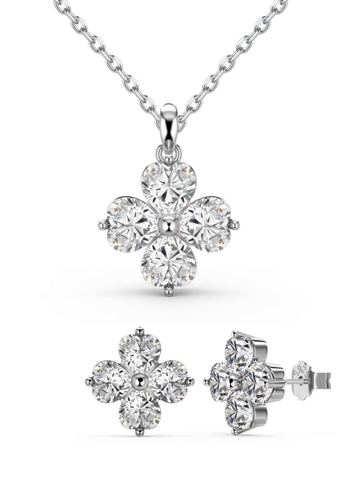 BRELLATO Ohrring und Ketten Set Vierblättriges Kleeblatt Herz-Kristalle Halskette Anhänger Ohrstecker, (Blume Geschenkset, Geschenk-Idee Damen-Schmuck Kette mit Ice-Crushed Kreuz-Design Zirkon Crystals, 3-tlg., inkl., Schmuck-Box, zum, Valentinstag, Muttertag, Ostern, Geburtstag), Glücksklee Glück Symbol Talisman Collier Sterling Silber 925 von BRELLATO