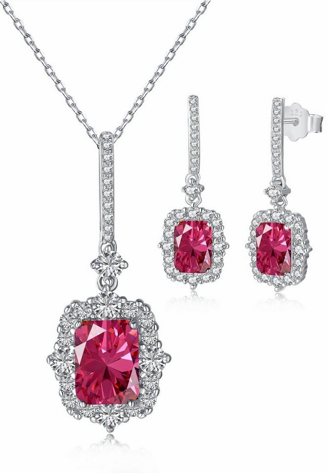 BRELLATO Ohrring und Ketten Set Vintage Glitzer Damen Kristall Halskette Anhänger Ohrstecker (Geschenk-Idee, Weihnachtsgeschenk Geschenkset Damen-Schmuck Kette mit Zirkon in Grün oder Rot, 3-tlg., inkl., Geschenk-Box, zum, Valentinstag, Weihnachten, Geburtstag, Muttertag), Kristall-Collier Sterling Silber 925 18K Weißgold Rhodiniert, Zirkonia von BRELLATO