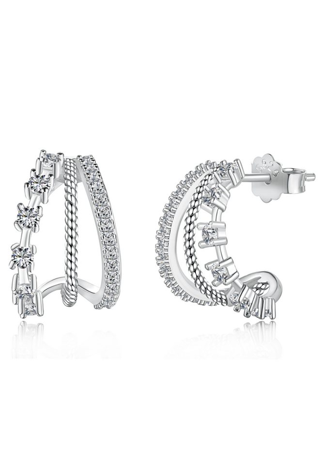 BRELLATO Paar Creolen TRIPLE Runde Dreifach-Creolen Kreise mit Kristallen (Geschenk-Idee Damen-Schmuck Halb-Kreise, Steck-Creolen mit Ice-Crushed Zirkon Crystals, 2-tlg., inkl. Schmuck-Box zum Valentinstag, Muttertag, Ostern, Geburtstag), Ohrschmuck Sterling Silber 925 Dreier Halbcreolen Doppel-Creolen von BRELLATO