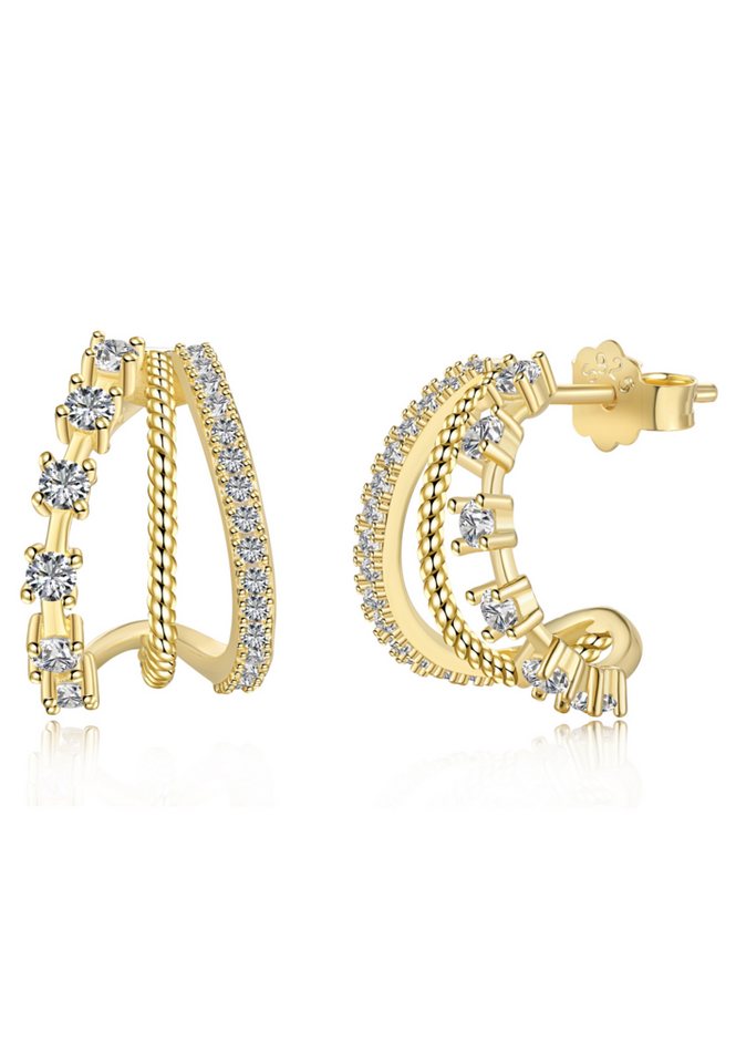 BRELLATO Paar Creolen TRIPLE Runde Dreifach-Creolen Kreise mit Kristallen (Geschenk-Idee Damen-Schmuck Halb-Kreise, Steck-Creolen mit Ice-Crushed Zirkon Crystals, 2-tlg., inkl. Schmuck-Box zum Valentinstag, Muttertag, Ostern, Geburtstag), Ohrschmuck Sterling Silber 925 Dreier Halbcreolen Doppel-Creolen von BRELLATO