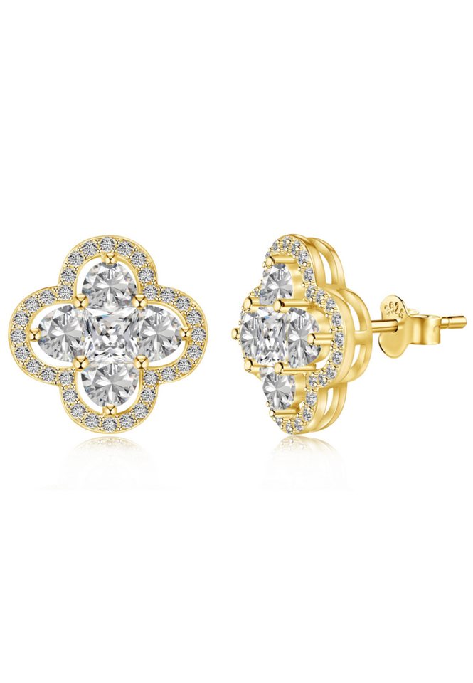 BRELLATO Paar Ohrstecker LUCKY Glitzer Glück Symbol Glücksbringer Ohrringe, (Geschenk-Idee Damen-Schmuck mit Ice-Crushed Blume Kreuz-Design Zirkon Kristall, 2-tlg., inkl. Schmuck-Box zum Valentinstag, Muttertag, Ostern, Geburtstag), Glücksklee Kleeblatt Talisman Collier Sterling Silber 925, Zirkonia von BRELLATO