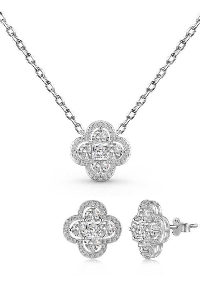 BRELLATO Schmuckset LUCKY Set Glitzer Glück Symbol Kristall Halskette Anhänger Ohrstecker, (Blume Geschenkset, Geschenk-Idee Damen-Schmuck Kette mit Ice-Crushed Kreuz-Design Zirkon Kristall, 3-tlg., inkl., Ohrringe, Schmuckbox, zum, Valentinstag, Ostern, Muttertag, Geburtstag), Glücksklee Kleeblatt Talisman Collier Sterling Silber 925, Zirkonia von BRELLATO