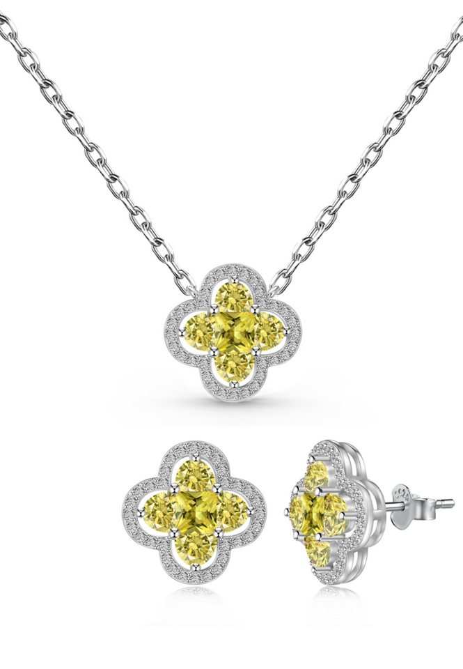 BRELLATO Schmuckset LUCKY Set Glitzer Glück Symbol Kristall Halskette Anhänger Ohrstecker, (Blume Geschenkset, Geschenk-Idee Damen-Schmuck Kette mit Ice-Crushed Kreuz-Design Zirkon Kristall, 3-tlg., inkl., Ohrringe, Schmuckbox, zum, Valentinstag, Ostern, Muttertag, Geburtstag), Glücksklee Kleeblatt Talisman Collier Sterling Silber 925, Zirkonia von BRELLATO