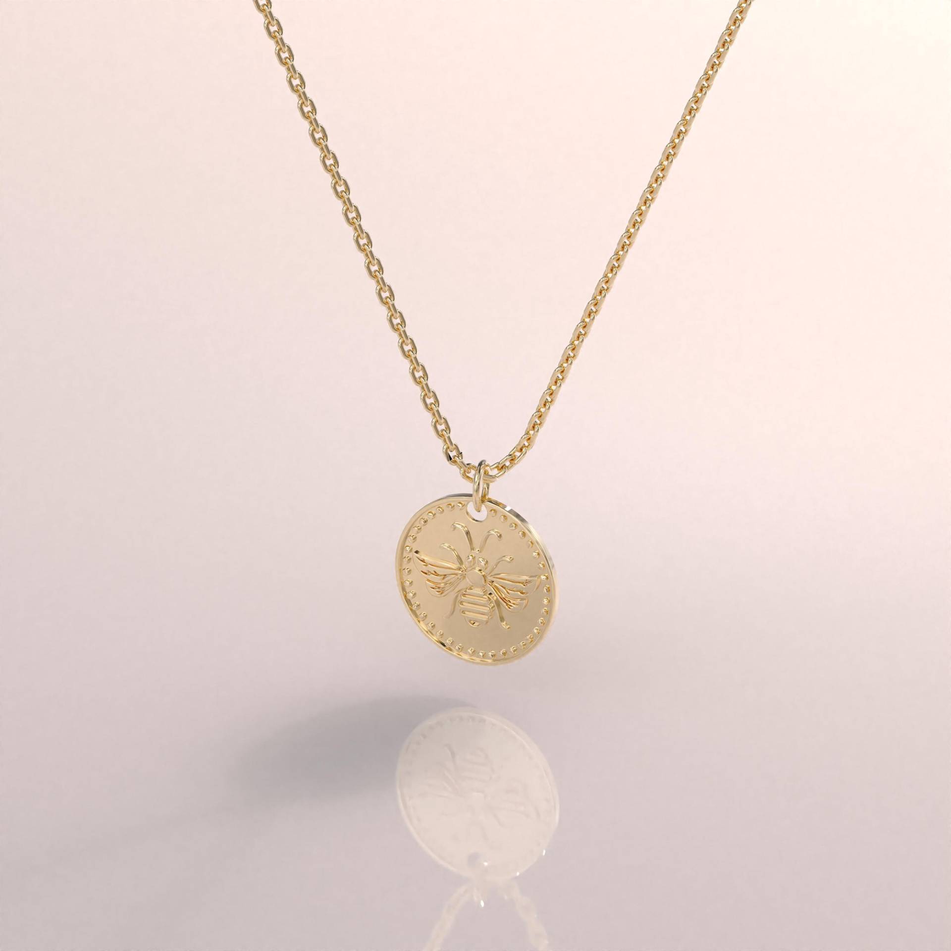 14K Bienenhalskette, Massivgold Minimalist Disc Anhänger Für Frauen, Honigbienen Medaillon Halskette, Zierliche Statement Halsketten, Geschenke von BRENNMORE