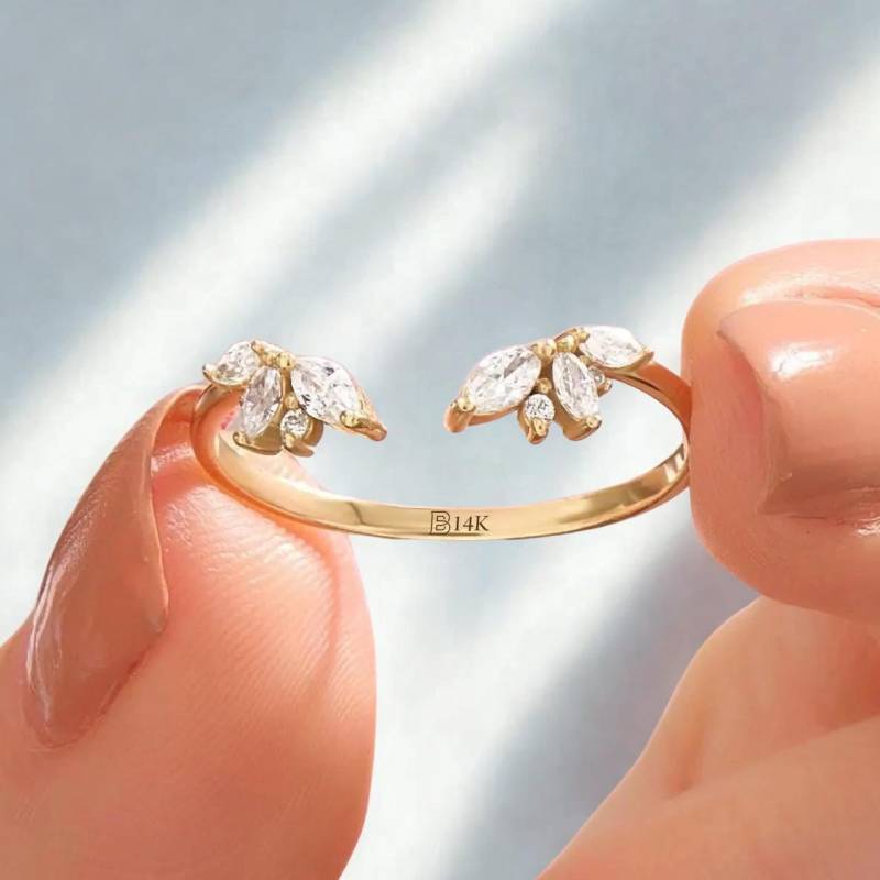 14K Gold Offener Ehering, Solid Gap Damen Manschetten Stapelring, Lab Erstellt Diamant Cz Ring, Marquise Stapelbarer Ring 14K Gold Offener Ehering, Solid Gap Damen Manschetten Stapelring, Lab Erstellt Diamant Cz Ring, Marquise Stapelbarer Ring von BRENNMORE