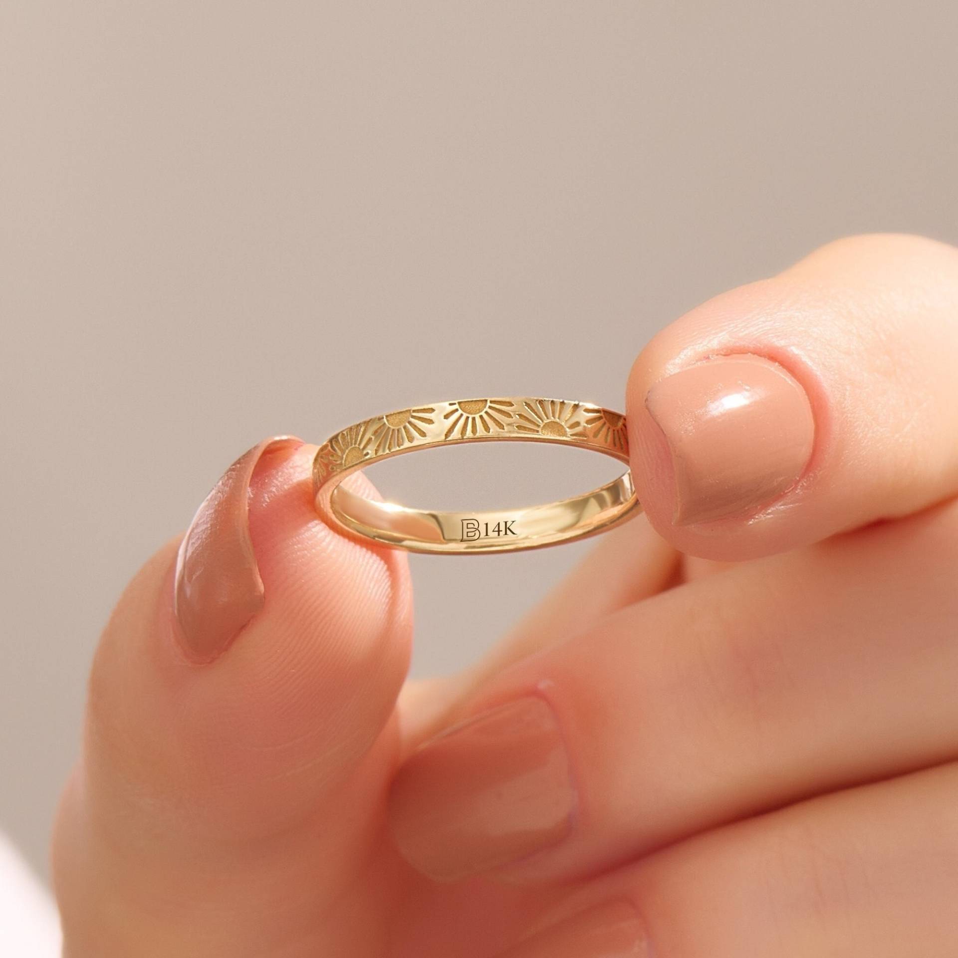 14K Gold Seine Sonne Band, Massivem Ehering, Herren Damen Ring, Paare Passende Minimalistisch, Flach, Comfort Fit von BRENNMORE