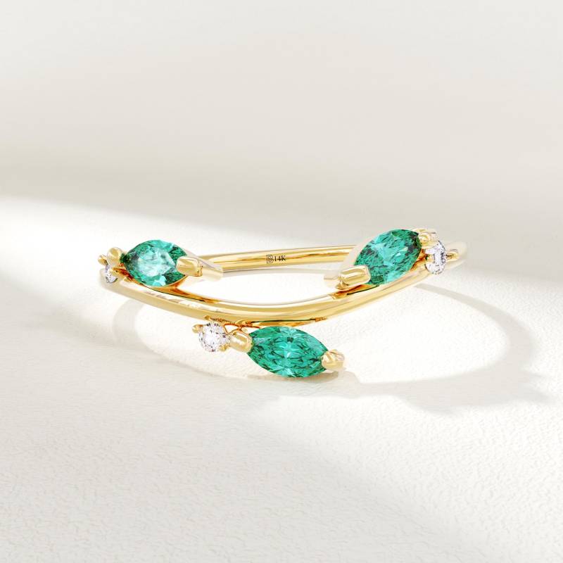 Lab-Erstellter Smaragd Blatt-Ring Massiv 14K Gold Trauring Frauen Marquise-Schliff Grün Stacking Ring Natur Inspiriert Zierlich Gelb Rose Weiß von BRENNMORE