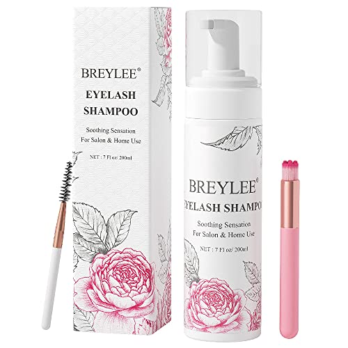 Wimpernshampoo, BREYLEE Wimpernschuam Wimpernpflege für Salon und Heimgebrauch Wimpernverlängerung Augen Make-Up Entferner mit 2 Bürsten(200ml, 7 fl oz) von BREYLEE