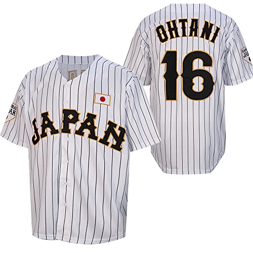 Ohtani 16# Herren Japan Baseball Trikots Weiß Schwarz Nadelstreifen, Weiss/opulenter Garten, Mittel von BRFOX