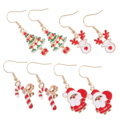 BRIGHTFUFU 4 Paare Weihnachtsohrringe für Damen mit Zuckerstange Bunter Weihnachtsbaum und Weihnachtsmann Festlicher Weihnachtsschmuck Allergiefreies Legierungsmaterial Vielseitig für Party von BRIGHTFUFU