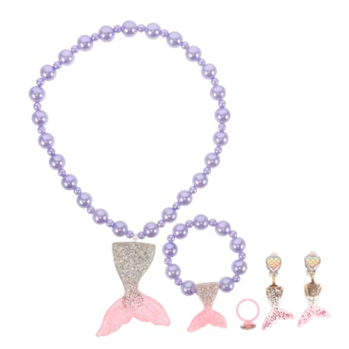 BRIGHTFUFU Schmuckset Meerjungfrau Design Perlen Halskette Armband Ohrclips Ring Mädchen Accessoires Strahlender Glanz Langlebig für Reisen und Besondere Anlässe von BRIGHTFUFU