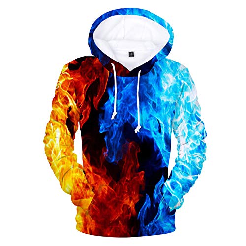 BRILIGHTEN Kapuzenpullover 3D Druck Hoodies,EIS und Feuer Matchup Rot und Blau Herren Damen Lustige Pullovers Unisex Sweatshirts mit Drawstring und Taschen,2XL von BRILIGHTEN