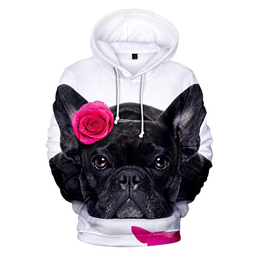 Kapuzenpullover 3D Druck Hoodies,Nette Schwarze Französische Bulldogge und Rote Rose Auf Weiß Unisex Hoodies Lustig Atmungsaktiv Langarm Loose Sweatshirt mit Big Tasche,XXS von BRILIGHTEN