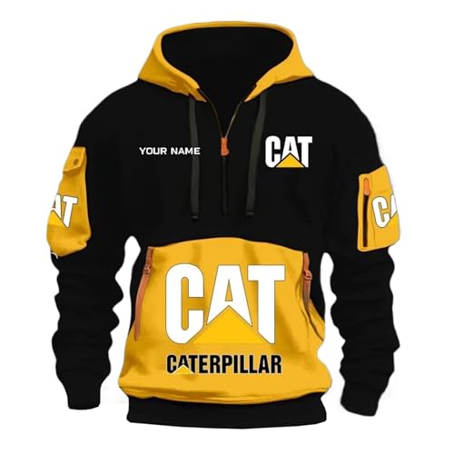 BRINSE Herren Logo Kapuzenpullover Ca.ter-pillar, Langarm Sweat Kapuzenpullover Sweatshirt,Hoodie Herren Freizeit Pullover mit Taschen, Winter(Black-Yellow,5XL) von BRINSE