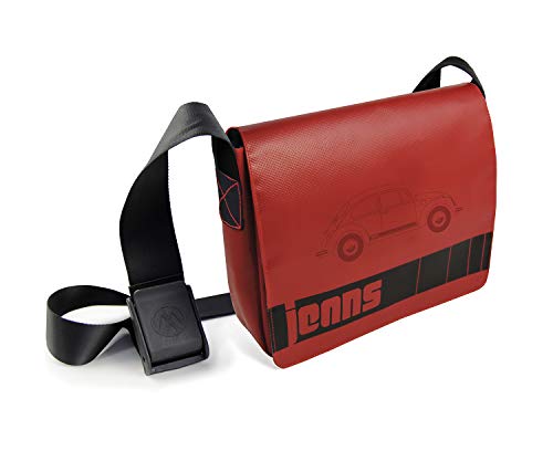 BRISA VW Collection - Volkswagen Kleine Jeans-Schulter-Umhänge-Tasche mit Käfer Design aus LKW-Plane 28 x 23 x 17 cm (Jeans Beetle/Rot) von BRISA